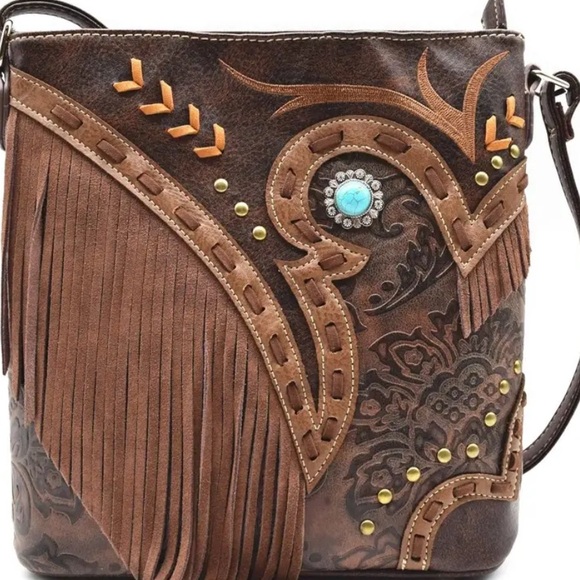 None Handbags - Western Brown Faux Leather Fringe Crossbody Bag NWT